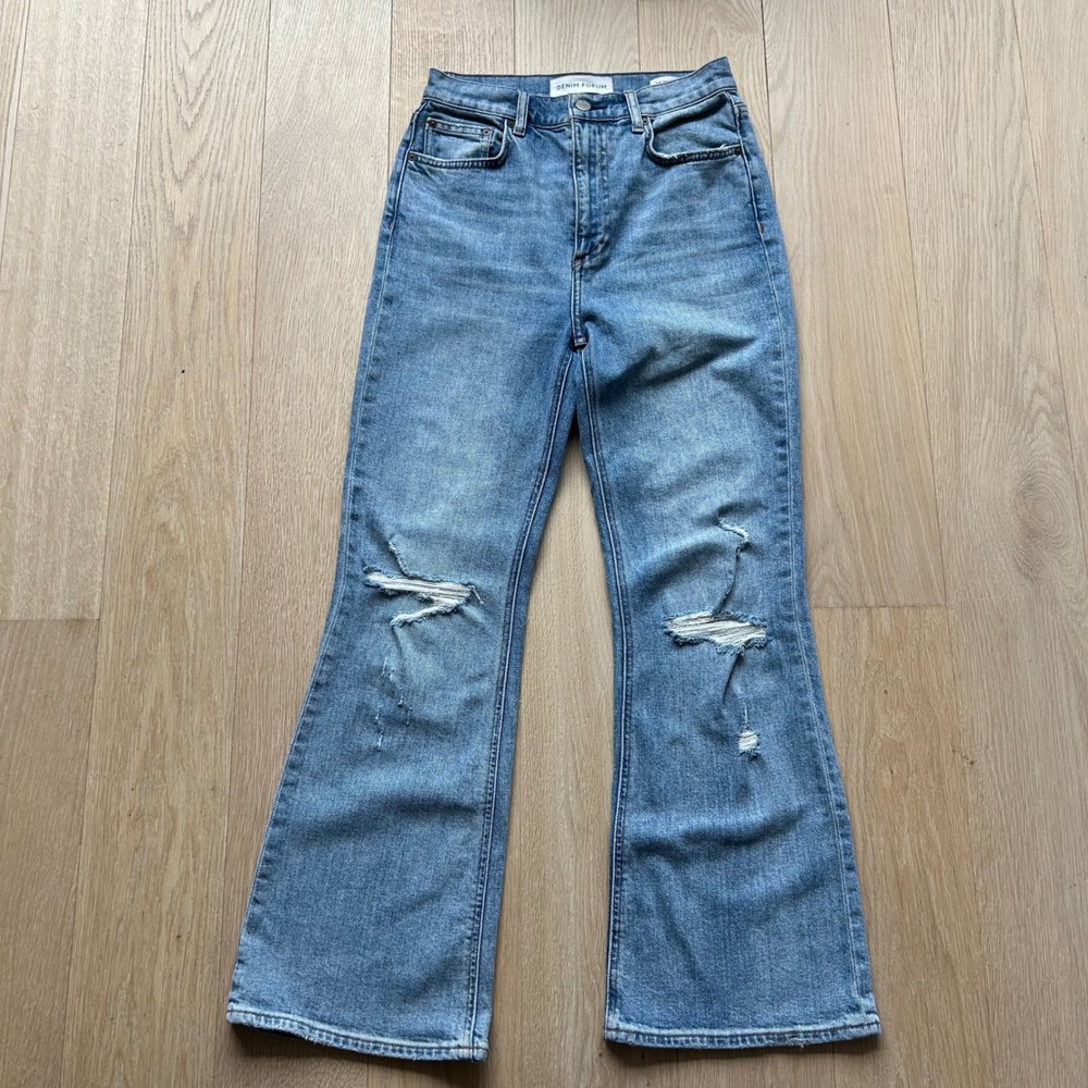 Denim‎ Forum Twiggy Flare Distressed Jeans High Rise Sz 26 Blue Denim 28L Boho